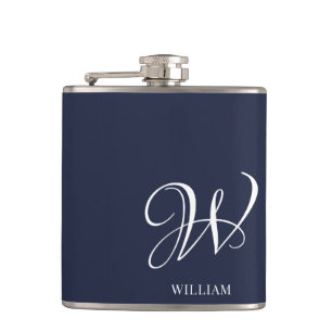 Initial Personalized Elegant Navy Blue Monogram  Hip Flask