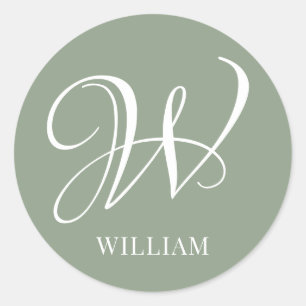 Initial Personalized Elegant Sage Green Monogram  Classic Round Sticker