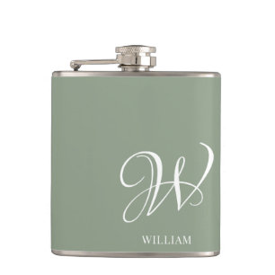 Initial Personalized Elegant Sage Green Monogram  Hip Flask