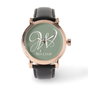Initial Personalized Elegant Sage Green Monogram  Watch