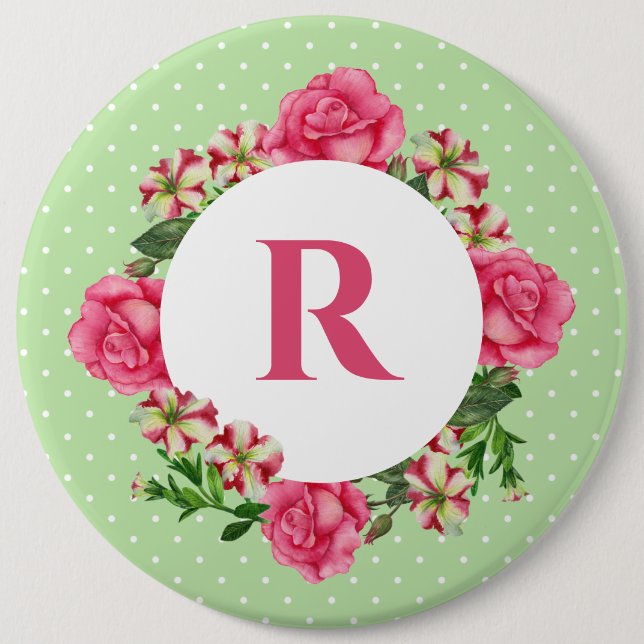 Initial Pink Rose Red White Petunia Polka Dots 6 Cm Round Badge (Front)