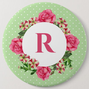 Initial Pink Rose Red White Petunia Polka Dots 6 Cm Round Badge