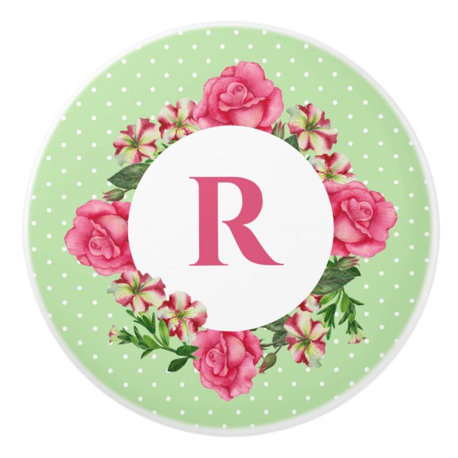 Initial Pink Rose Red White Petunia Polka Dots Ceramic Knob (Front)
