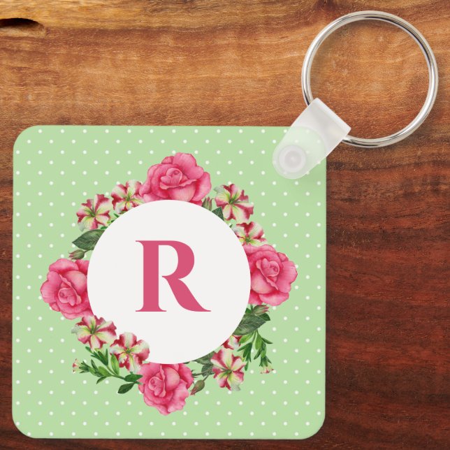 Initial Pink Rose Red White Petunia Polka Dots Key Ring (Back)