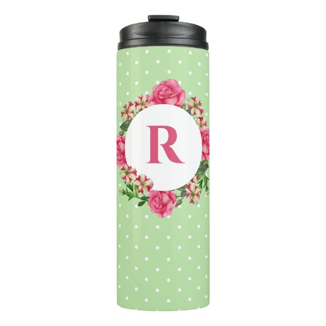 Initial Pink Rose Red White Petunia Polka Dots Thermal Tumbler (Front)
