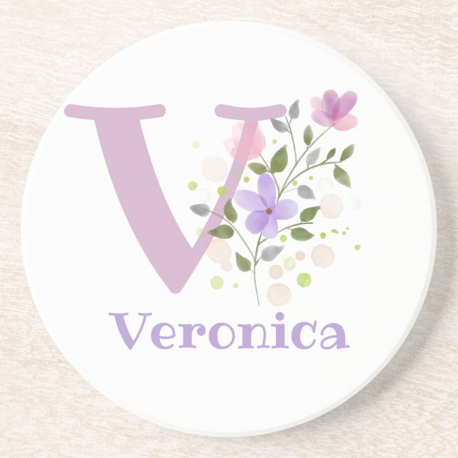 Initial Plus Name & Flowers Design Coaster (Front)