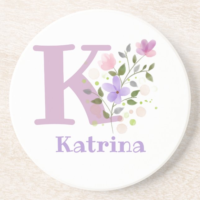 Initial Plus Name & Flowers Design Coaster (Front)