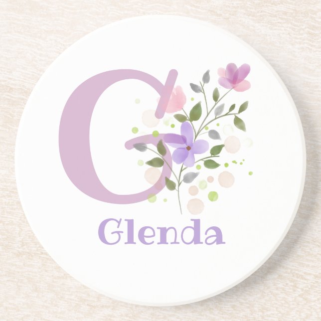 Initial Plus Name & Flowers Design Coaster (Front)