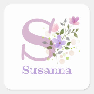 Initial Plus Name & Flowers Design Square Sticker