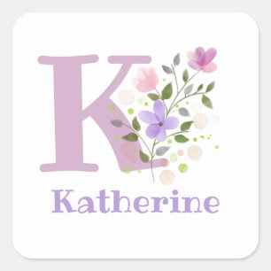 Initial Plus Name & Flowers Design Square Sticker