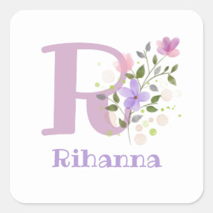 Initial Plus Name & Flowers Design Square Sticker