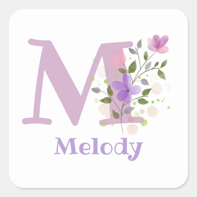 Initial Plus Name & Flowers Design Square Sticker (Front)