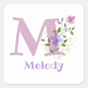 Initial Plus Name & Flowers Design Square Sticker