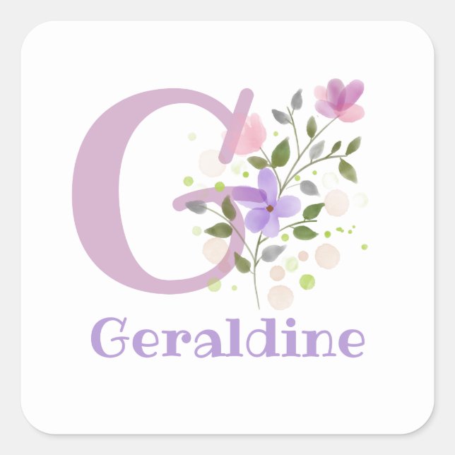 Initial Plus Name Geraldine & Flowers Design Square Sticker (Front)