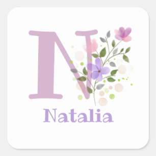 Initial Plus Name Natalia & Flowers Design Square Sticker