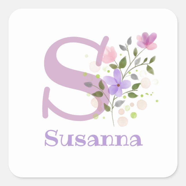 Initial Plus Name Susanna & Flowers Design Square Sticker (Front)