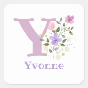 Initial Plus Name Yvonne & Flowers Design Square Sticker