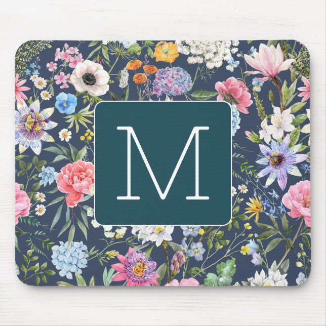 Initial Pretty colourful illustration floral Navy Mouse Mat (Front)