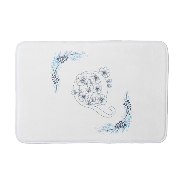Initial "Q" Blue Monogram Calm Floral Bath Mat (Front)