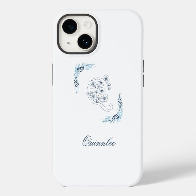 Initial "Q" Blue Monogram Calm Floral Case-Mate iPhone Case (Back)