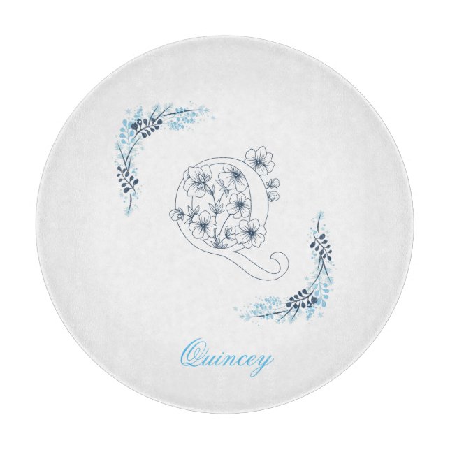 Initial "Q" Blue Monogram Calm Floral Cutting Board (Front)