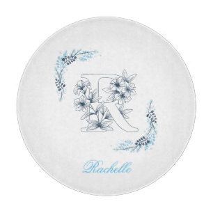 Initial "R" Blue Monogram Calm Floral Cutting Board