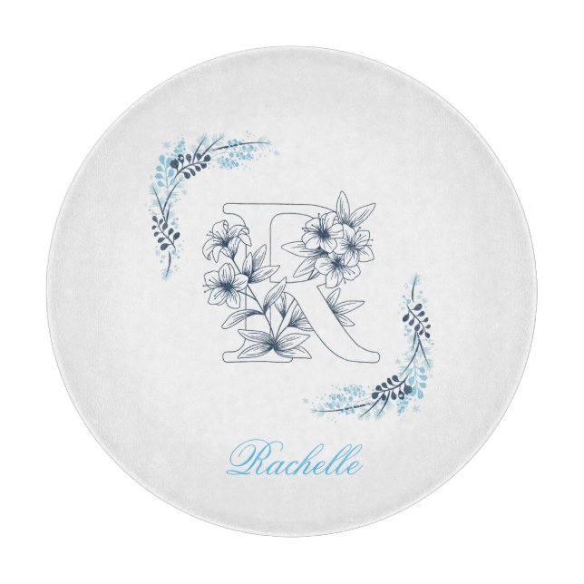 Initial "R" Blue Monogram Calm Floral Cutting Board (Front)