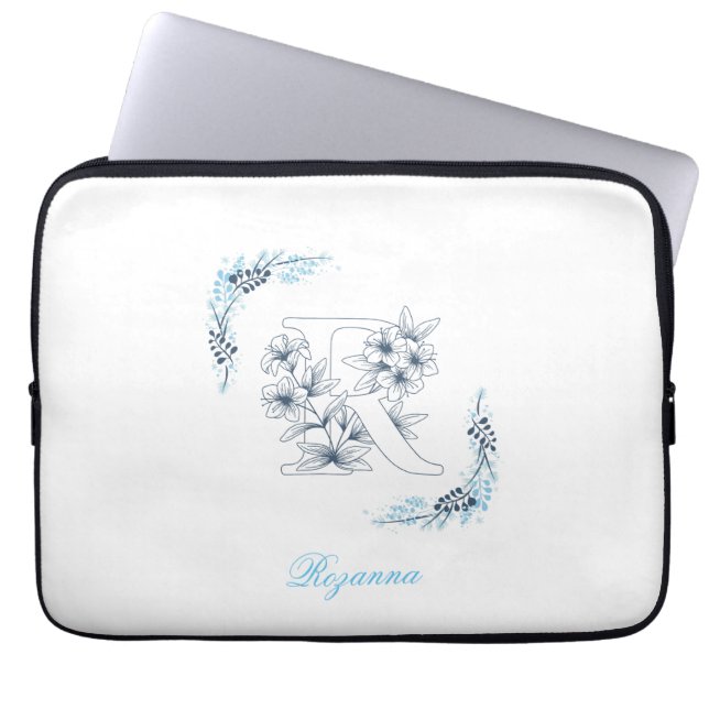 Initial "R" Blue Monogram Calm Floral Laptop Sleeve (Front)
