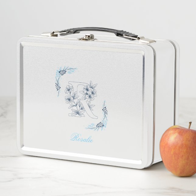 Initial "R" Blue Monogram Calm Floral Metal Lunch Box (In Situ)