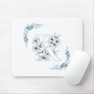 Initial "R" Blue Monogram Calm Floral Mouse Mat