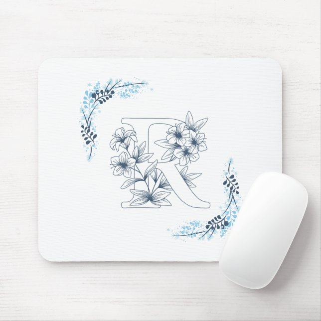Initial "R" Blue Monogram Calm Floral Mouse Mat (With Mouse)