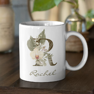 Initial R Boho Floral Orchid Greenery Custom Name Coffee Mug