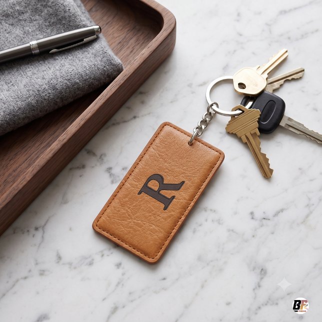 Initial R Monogram Faux Tan Leather Key Ring (Creator Uploaded)
