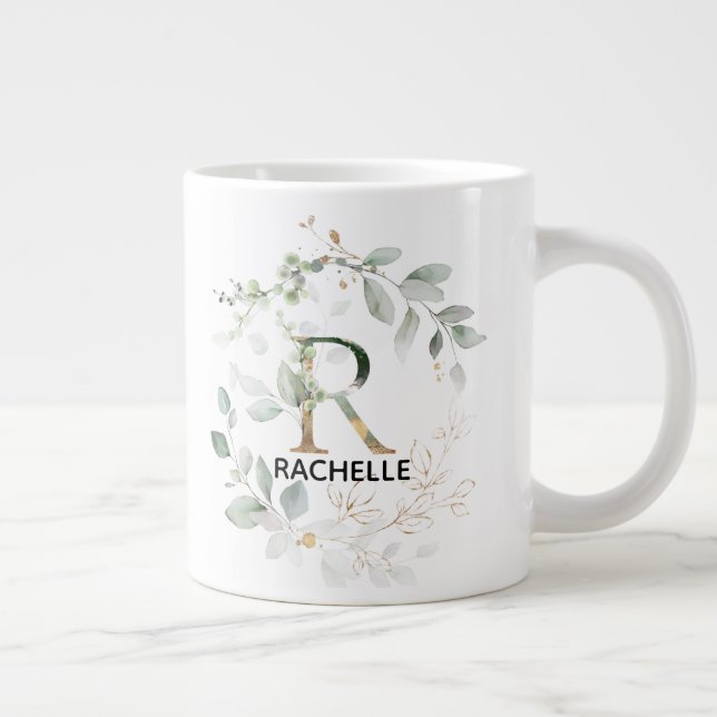 Initial R Name Alphabet Monogram Greenery Wreath Large Coffee Mug (Right)
