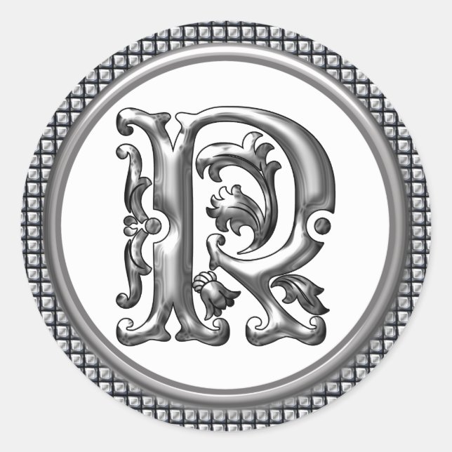 Initial R Round Sticker in Silver (Front)