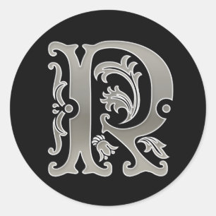 Initial R Round Sticker in silver