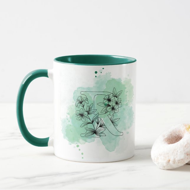 Initial R Watercolor Monogram Green Botanical  Mug (With Donut)