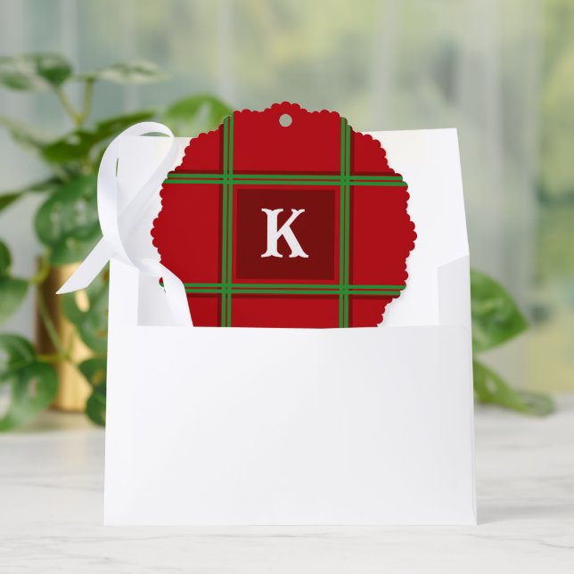 Initial Red and Green Plaid Simple Design Tree Decoration Card (Envelope)