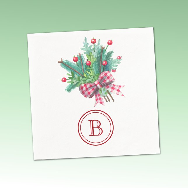 Initial, Red & Green Christmas Bouquet Party Paper Napkin (Creator Uploaded)