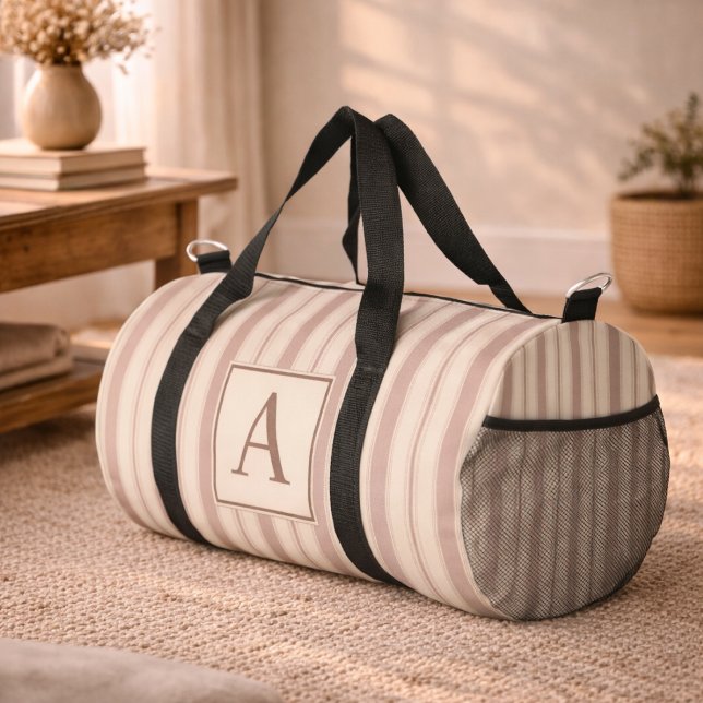 Initial Rustic Farmhouse Striped Beige & Taupe Duffle Bag (Creator Uploaded)