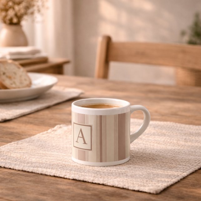 Initial Rustic Farmhouse Striped Beige & Taupe Espresso Cup (Creator Uploaded)