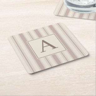 Initial Rustic Farmhouse Striped Beige & Taupe Square Paper Coaster