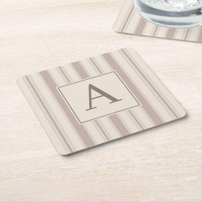 Initial Rustic Farmhouse Striped Beige & Taupe Square Paper Coaster (Angled)