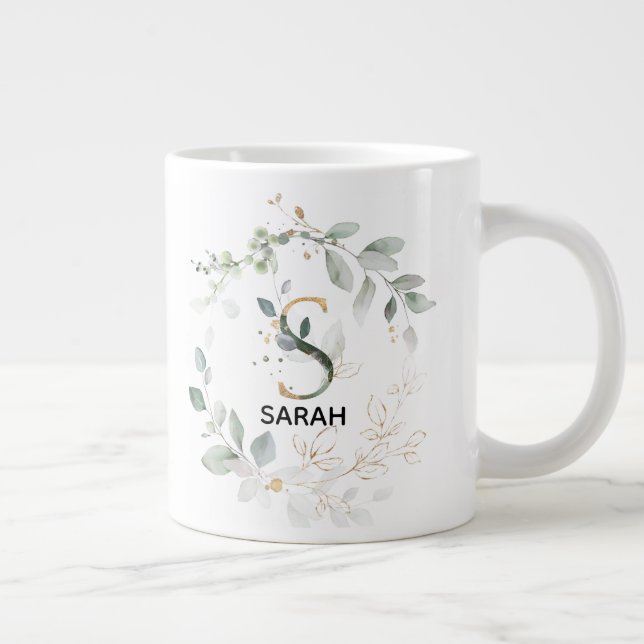 Initial S Alphabet Letter Greenery and Gold Large Coffee Mug (Right)