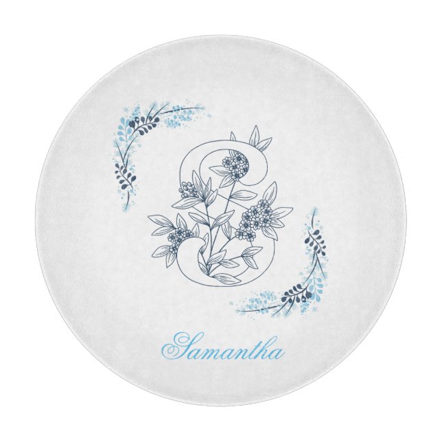 Initial "S" Blue Monogram Calm Floral Cutting Board (Front)