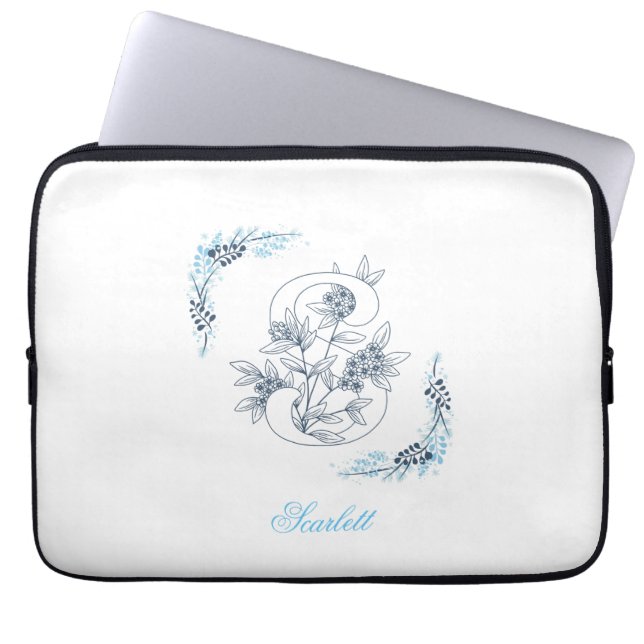 Initial "S" Blue Monogram Calm Floral Laptop Sleeve (Front)