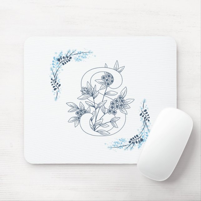 Initial "S" Blue Monogram Calm Floral Mouse Mat (With Mouse)