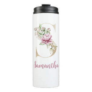 Initial S, Gold Letter S, Monogram S, Pink Floral  Thermal Tumbler