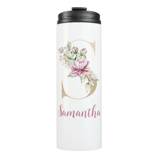 Initial S, Gold Letter S, Monogram S, Pink Floral  Thermal Tumbler (Front)