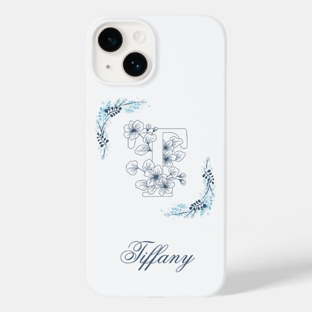 Initial "T" Blue Monogram Calm Floral Case-Mate iPhone Case (Back)